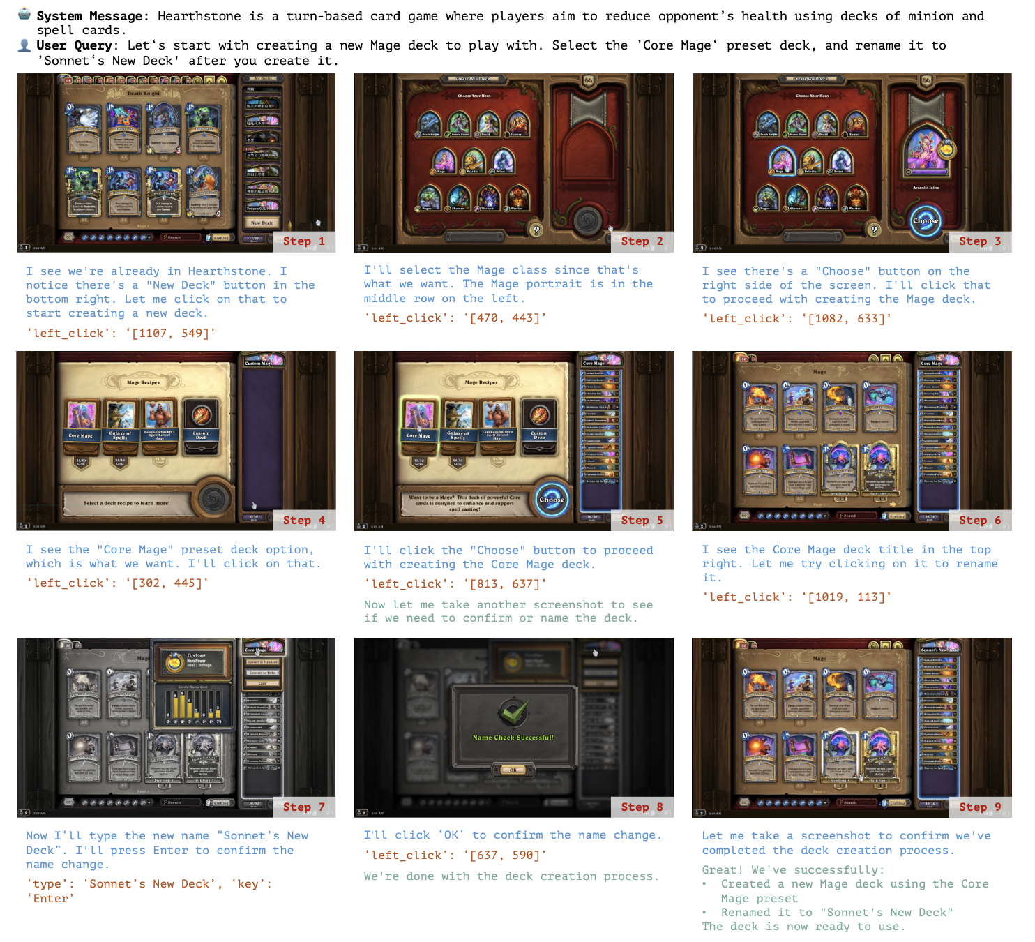 하스스톤 태스크에서 에이전트가 상대 미니언을 식별하고 영웅 능력으로 처치하는 단계별 실행 과정